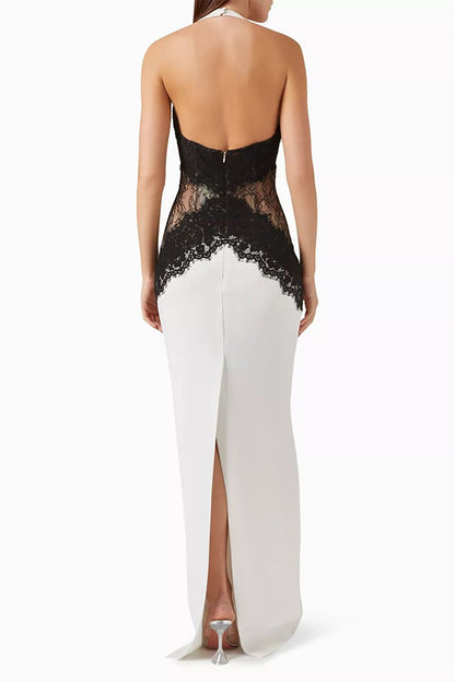 Sexy Halterneck Lace Paneled Backless Slim Maxi Dress