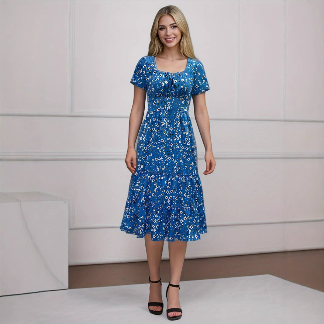 Ditsy Floral Print Square Neck Puff Sleeve Tiered Ruffle Hem Midi Dress