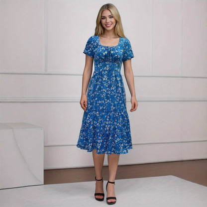 Ditsy Floral Print Square Neck Puff Sleeve Tiered Ruffle Hem Midi Dress