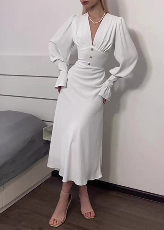 Deep V Neck Puff Sleeve Pearl Button Structured Waist Midi Dress