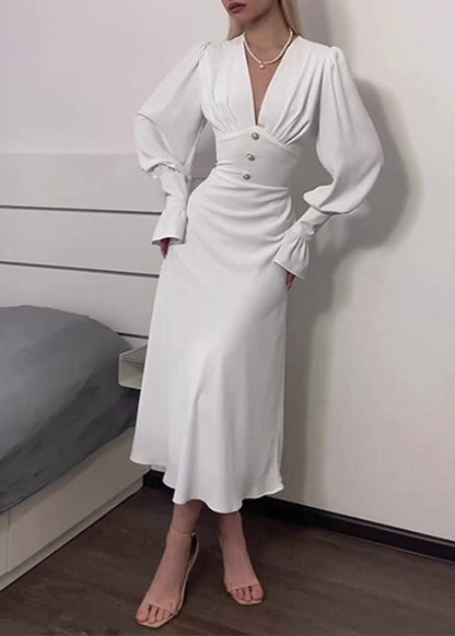Deep V Neck Puff Sleeve Pearl Button Structured Waist Midi Dress