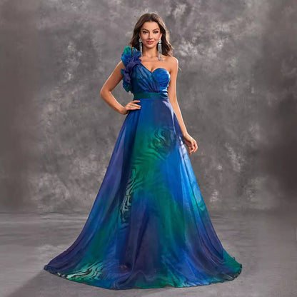 Prom Evening Dress Peacock Blue Printed Three Dimensional Lace Sleeveless Cold Shoulder Party Evening Dress