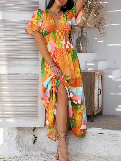 Tropical Floral Maxi Sun Dress for Women Orange