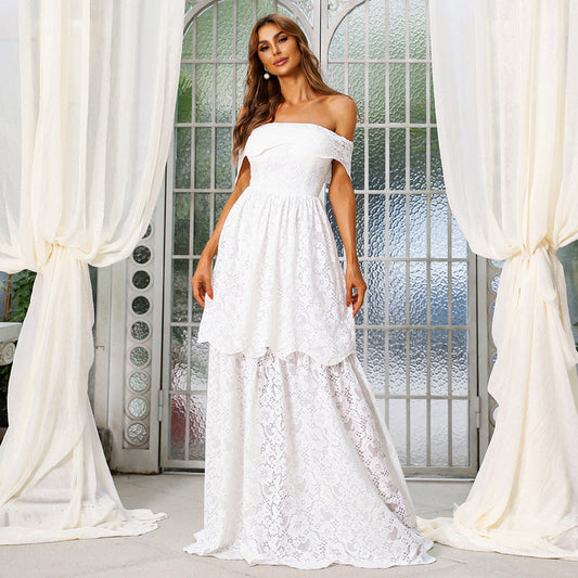 Cocktail Toast Dress Lace Stitching White off Shoulder Chinese Wedding Dress Bridesmaid Dress Evening