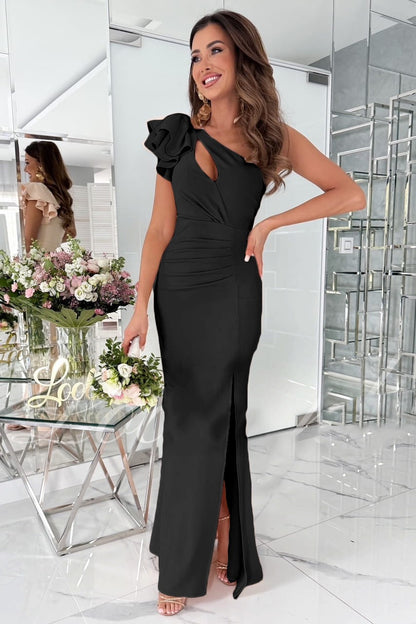 One-Shoulder Ruffle Flounce Cutout Bodice Thigh Slit Bodycon Maxi Gown