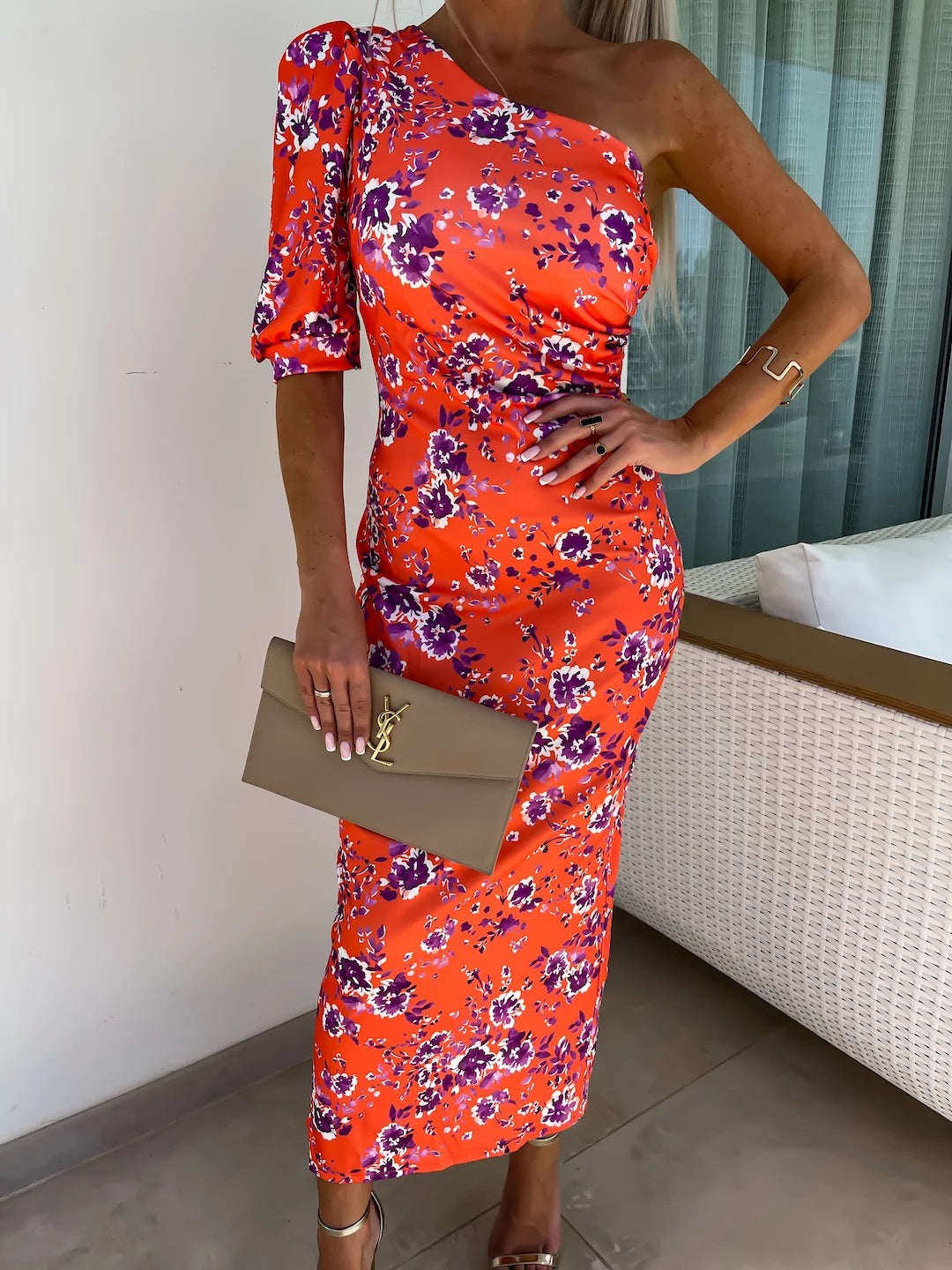 One Shoulder Puff Sleeve Ikat Geometric Print Maxi Dress