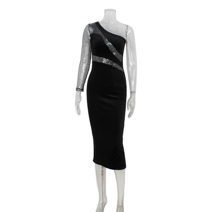 Fashionable Sequ Stitching Shoulder Diagonal Collar Dress Formal Dress