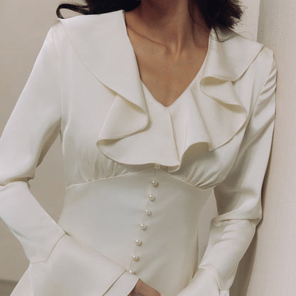 French Ruffled V neck Bell Sleeve Single Breasted Elegant Slim Dress for