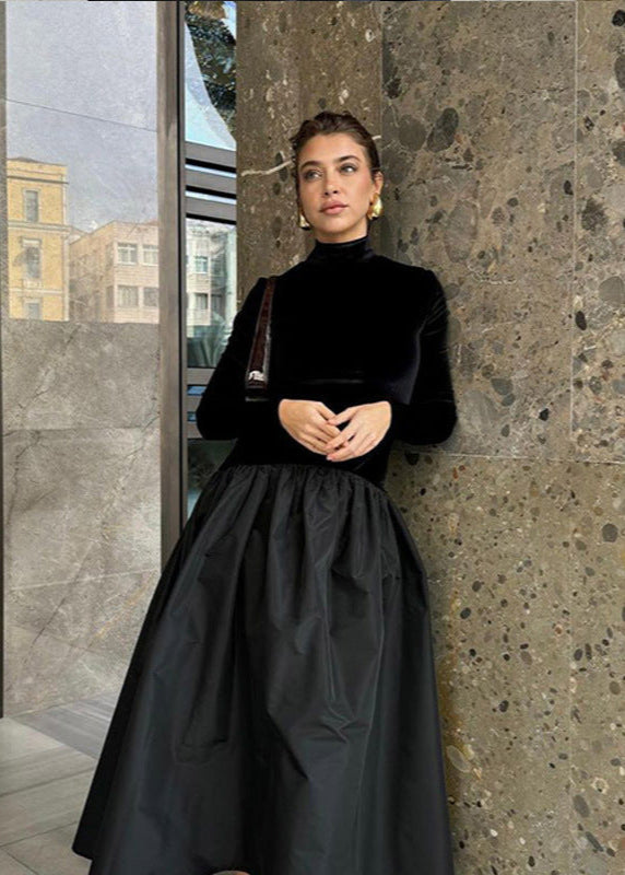 Turtleneck Long Sleeve Velvet Top and Gathered Taffeta Midi Skirt Set