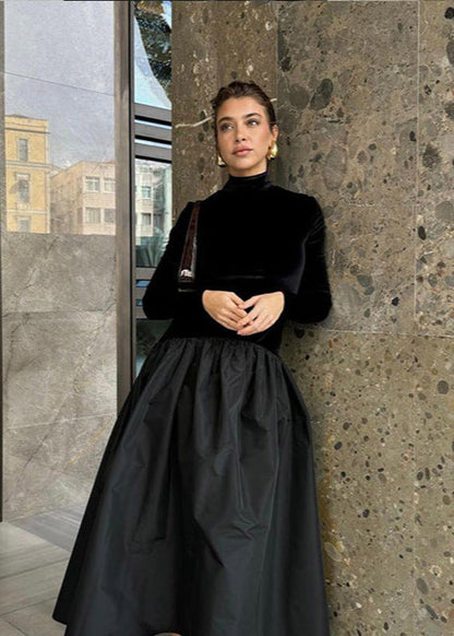 Turtleneck Long Sleeve Velvet Top and Gathered Taffeta Midi Skirt Set
