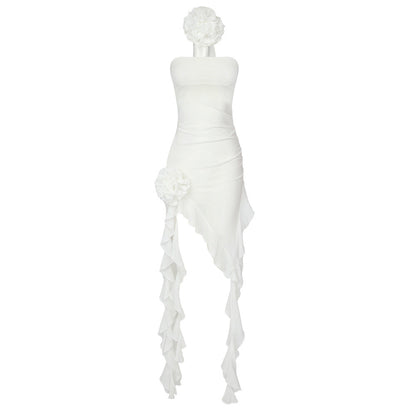 White Net Yarn Floral Ribbon Strapless Dress Blue Chiffon Dress
