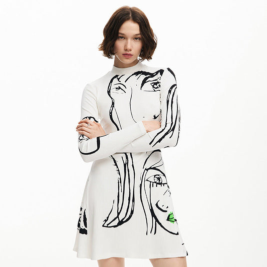 Positioning Portrait Line Printing Casual Long Sleeve Dress
