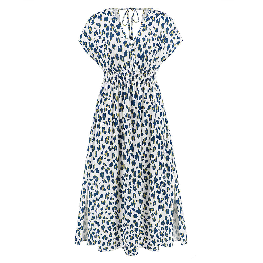 Fashionable Batwing Sleeve V neck Backless Lace up Dress Printed