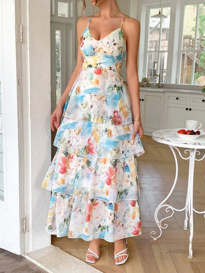 Tiered Chiffon Maxi Dress Floral Bridal Shower Summer Gown