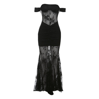 Elegant Lace See through off Shoulder Slim Dress Maxi Dress