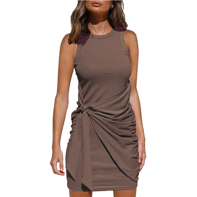 Crew Neck Side-Tie Knot Ruched Tank Bodycon Mini Dress