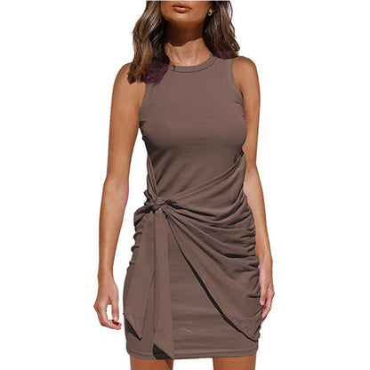 Crew Neck Side-Tie Knot Ruched Tank Bodycon Mini Dress