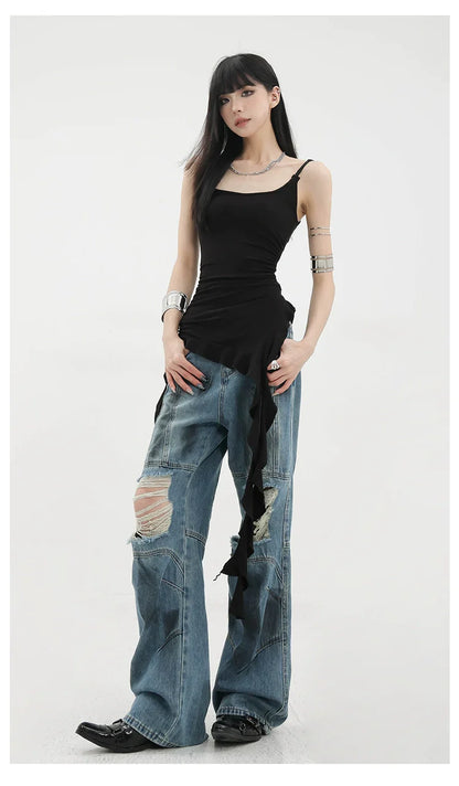 Black Asymmetric Ribbon Strap Tank Top With Ruffle Edge Design