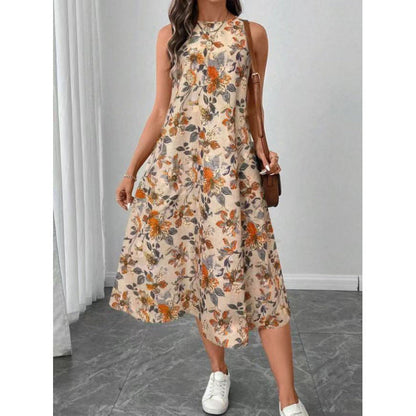Floral Print Crew Neck Sleeveless A-Line Midi Dress