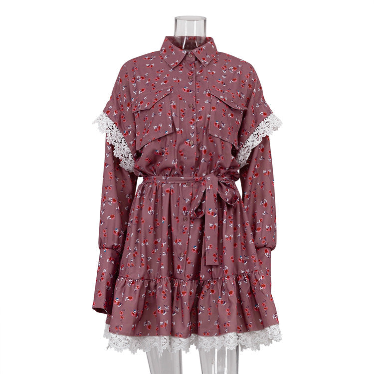 Floral Stitching Dress Polo Collar Long Sleeve Lace up A line Dress