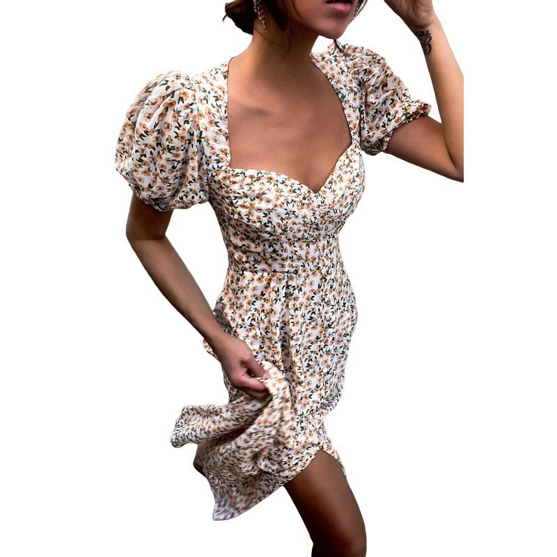 Ditsy Floral Print Puff Sleeve Sweetheart Neck High-Slit Midi Dress