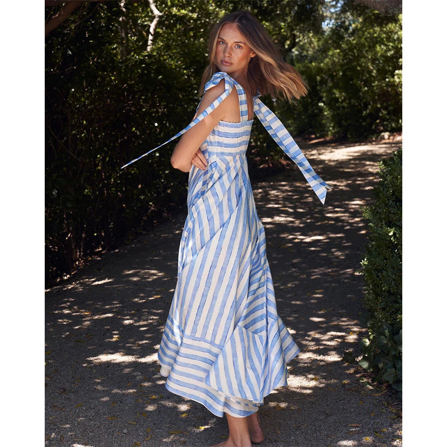 Square Neck Tie Shoulder Strap Striped Pocket A-Line Midi Dress