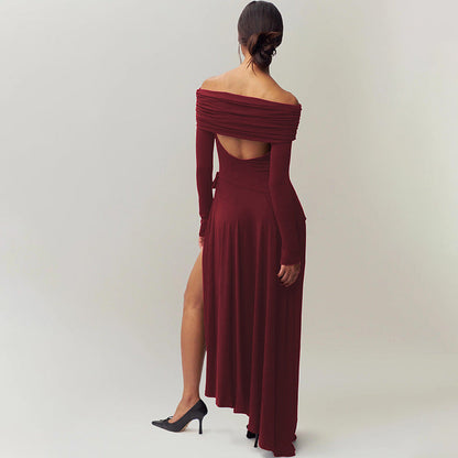 off Shoulder Hollow Out Cutout Solid Color Bow Long Sleeve Split