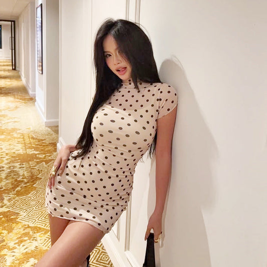 Retro Polka Dot High Neck Slim Fit Hip Short Sleeve Dress