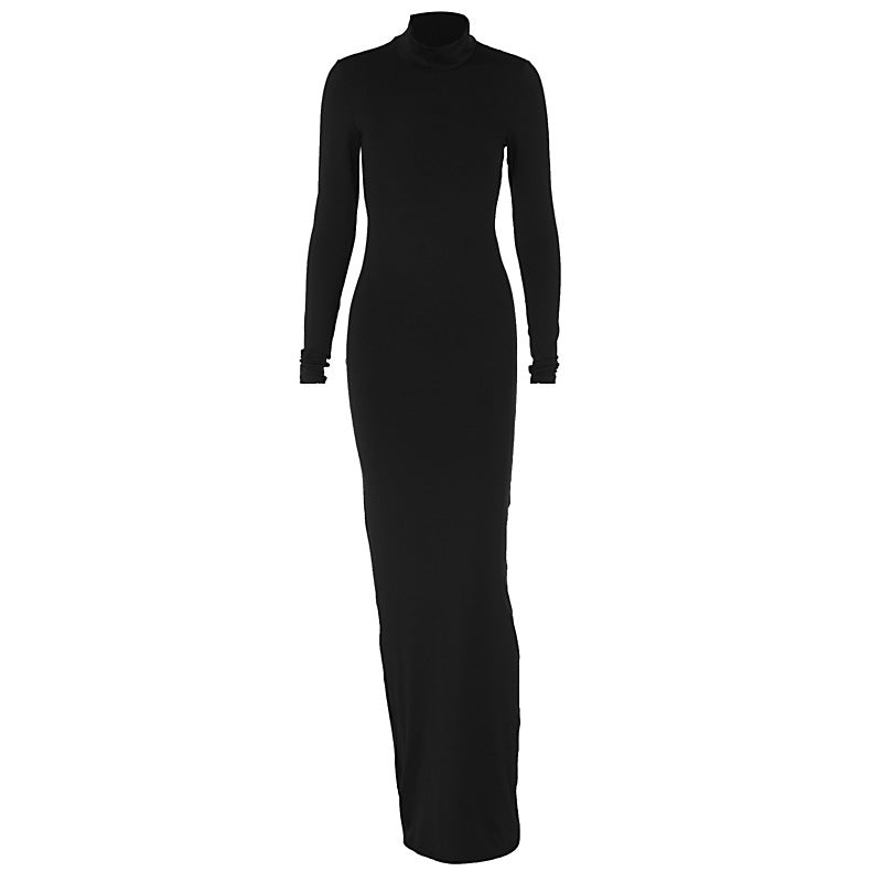 High Collar Long Sleeve Backless Slim Fit Maxi Dress Print Dress