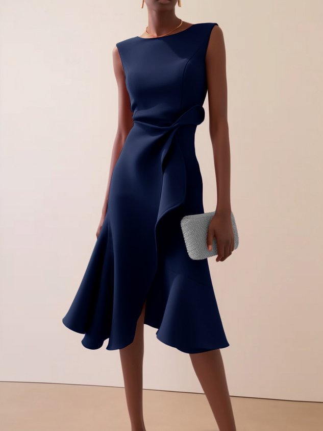Jewel Neck Sleeveless Side Knot Draped Cascade Ruffle Fit and Flare Midi Dress