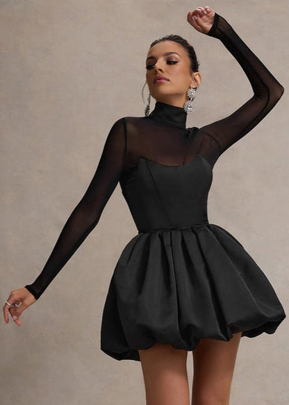 Mock Neck Sheer Sleeve Sweetheart Bubble Hem Mini Dress