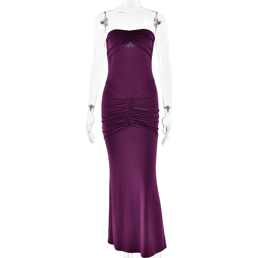 Strapless Ruched Front Bodycon Column Maxi Dress