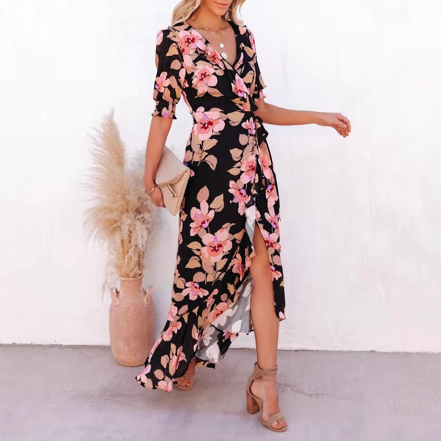 Floral Print Wrap V-Neck Puff Sleeve Ruffle Trim High-Low Maxi Dress