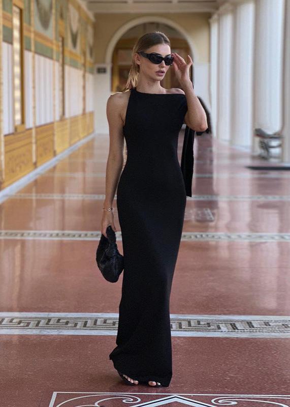 Boat Neck Sleeveless Draped Shoulder Bow Detail Bodycon Maxi Dress