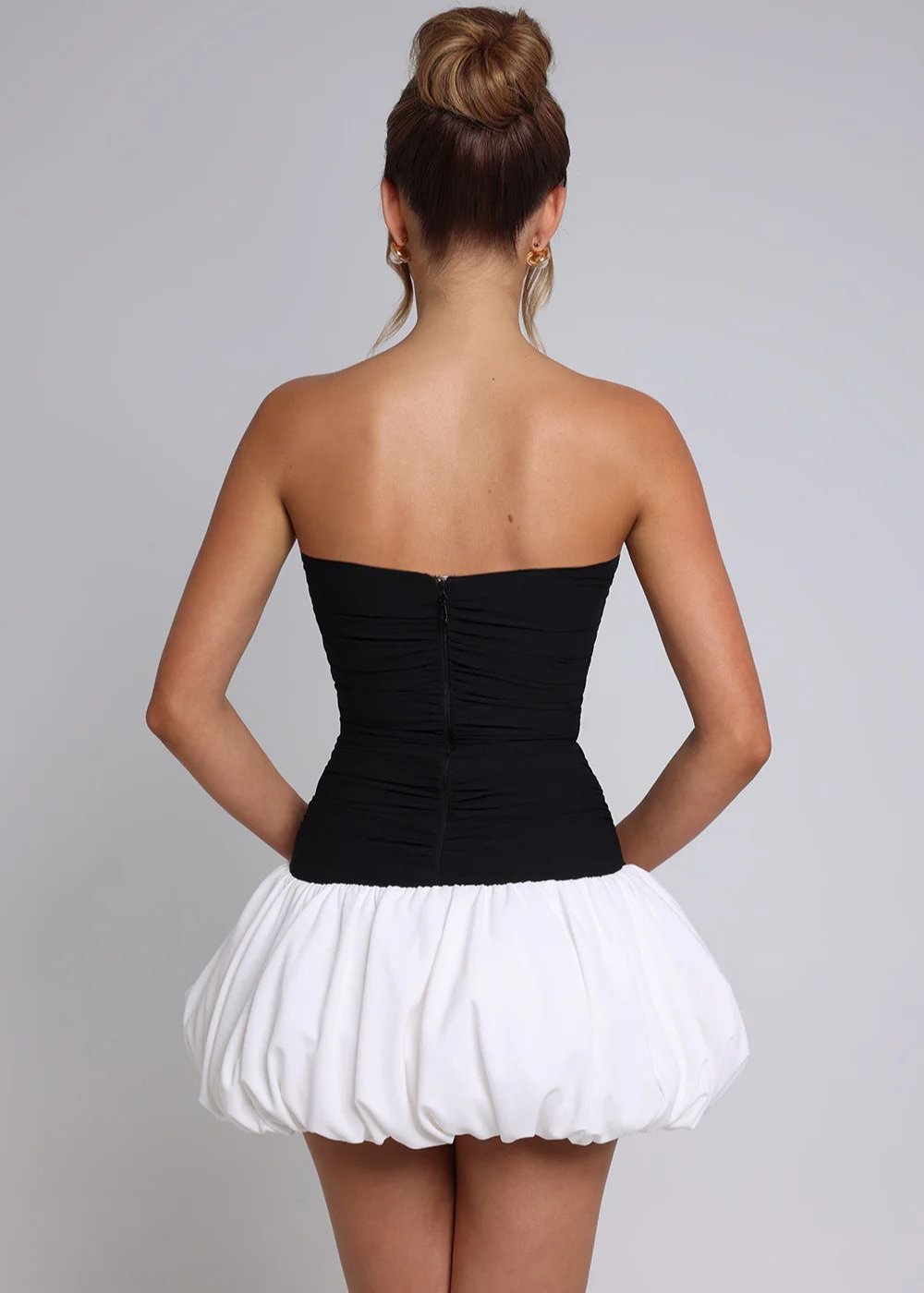 Strapless Ruched Bodice Drop Waist Bubble Hem Pocket Mini Dress