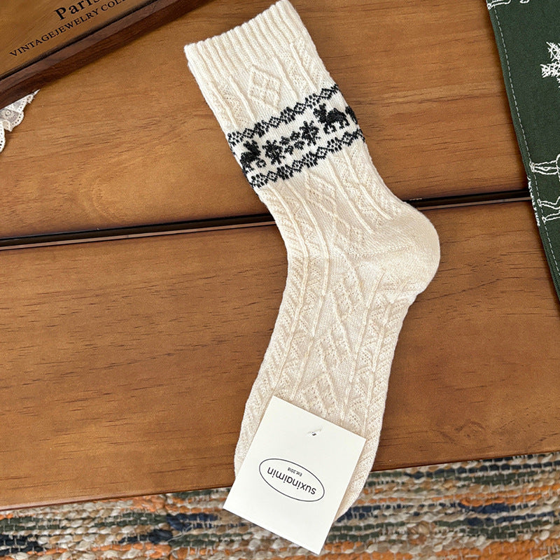 Wool Retro Elk Warm Slouchy Crew Socks