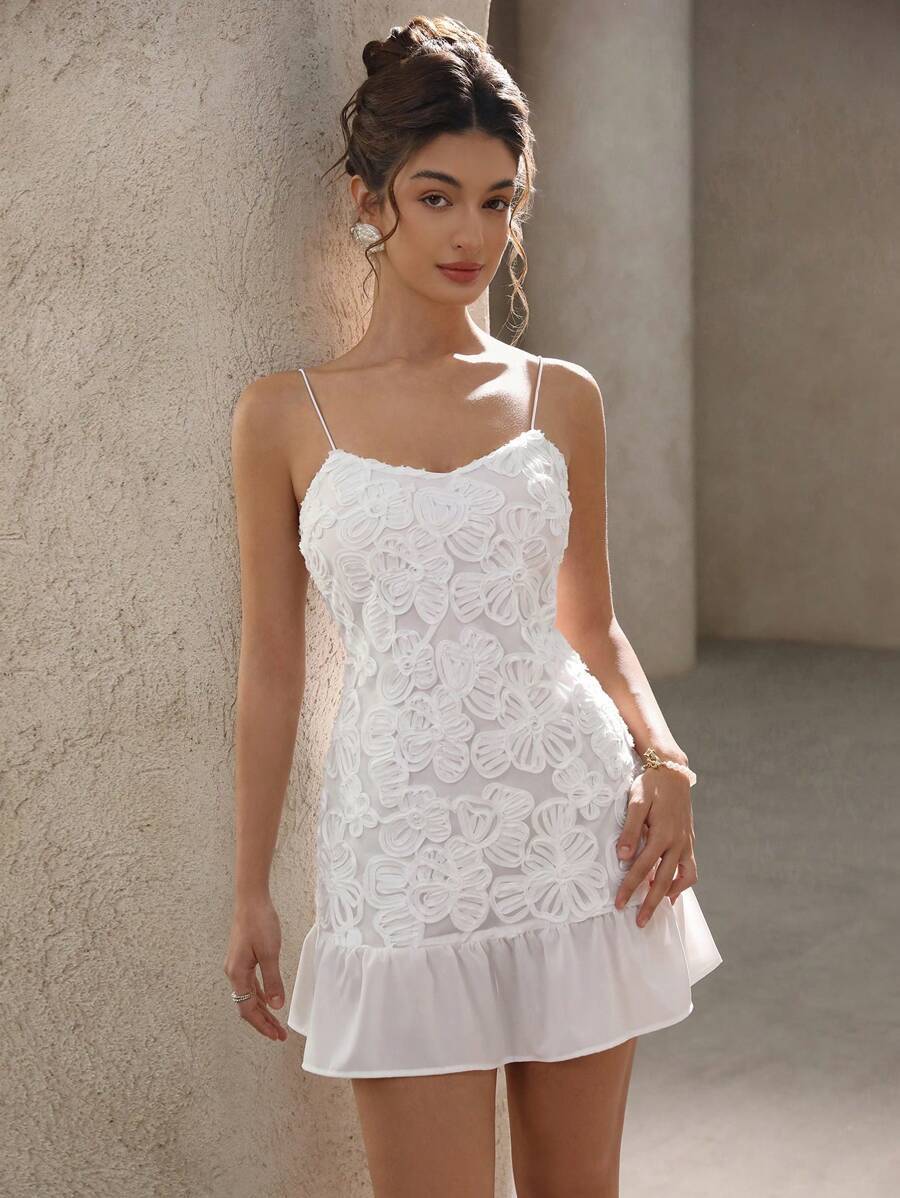 Floral Lace Appliqué Spaghetti Strap Ruffle Hem Bodycon Mini Dress