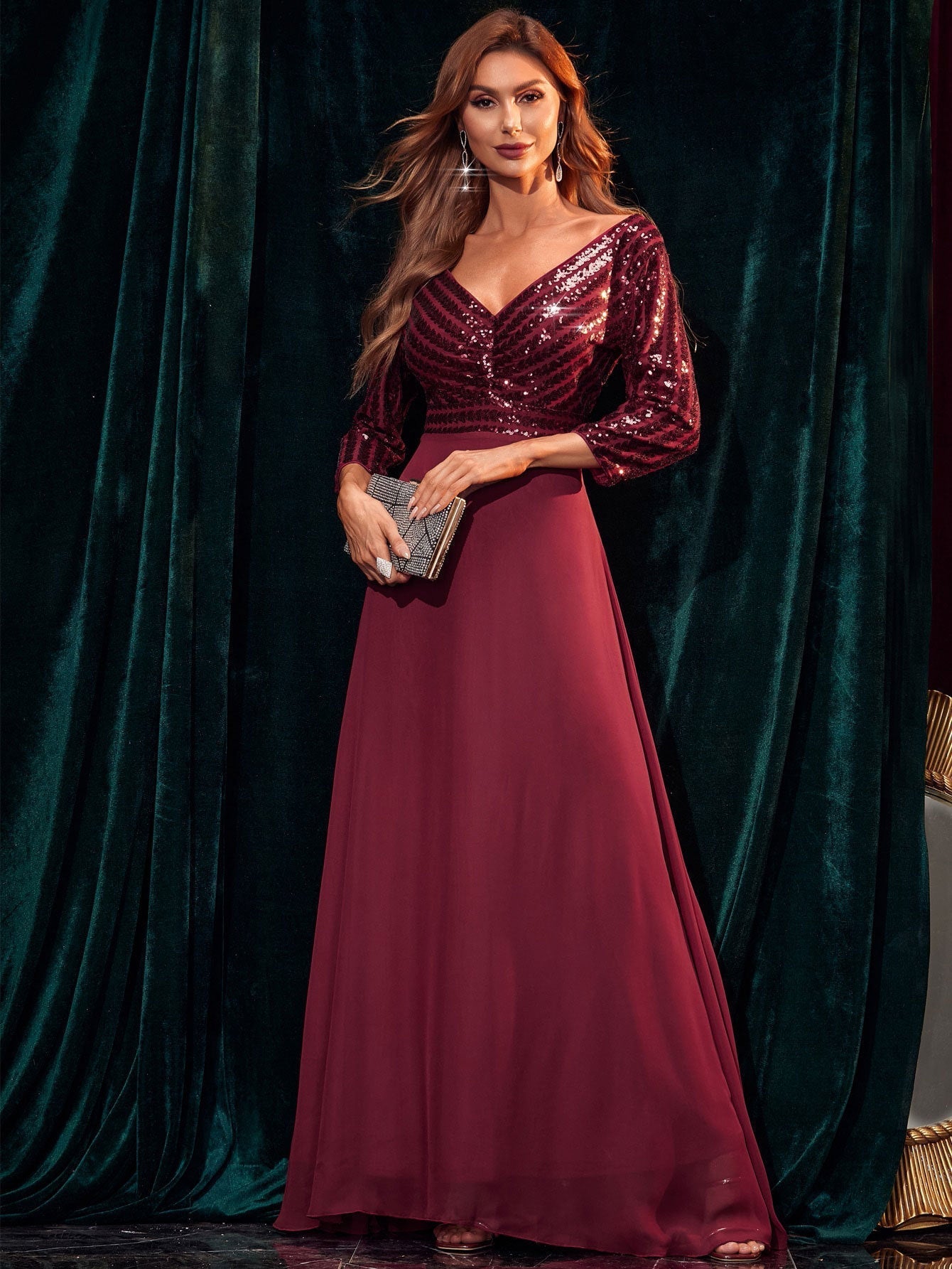 Retro Chiffon Long Sleeve Sequ Dress Evening Dress