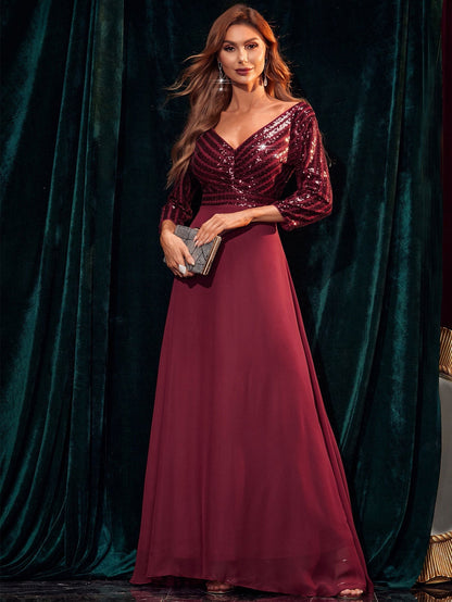 Retro Chiffon Long Sleeve Sequ Dress Evening Dress