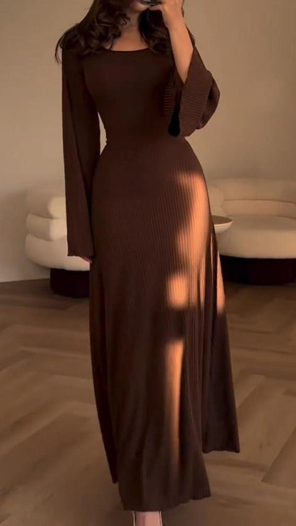 Rib Knit Scoop Neck Long Sleeve Bell Cuff Bodycon Maxi Dress