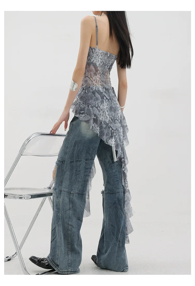 Vintage Distressed And Dirt-Dyed Patchwork Wide-Leg Jeans