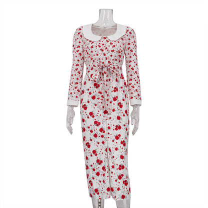 Elegant Printed Dress Three Quarter Sleeve Collared Split Waist Fitted Dress