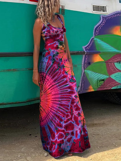 Scoop Neck Spaghetti Strap Tie Dye Sunburst Print Backless Maxi Dress