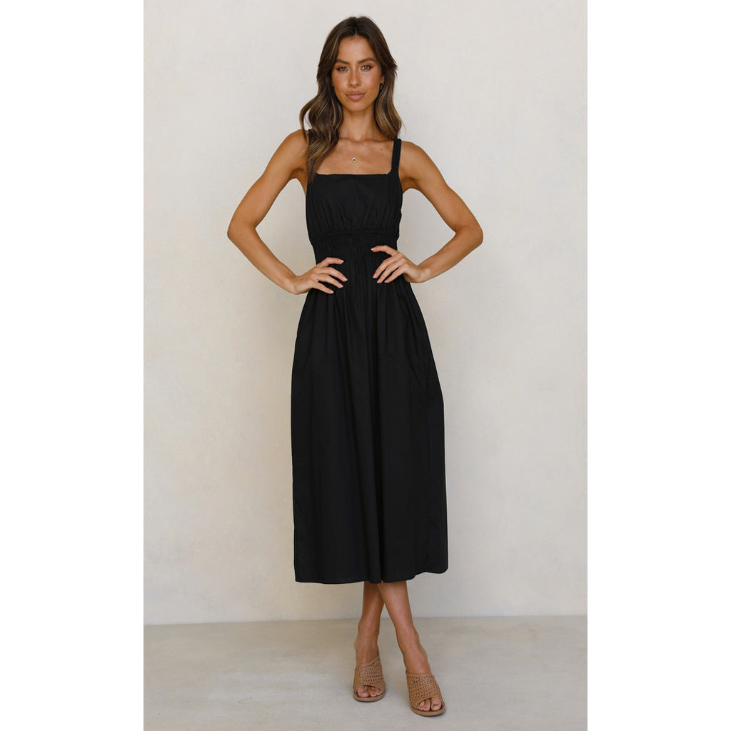 Backless Casual Waist Tight Mid Waist Solid Color Mid-Length Dress