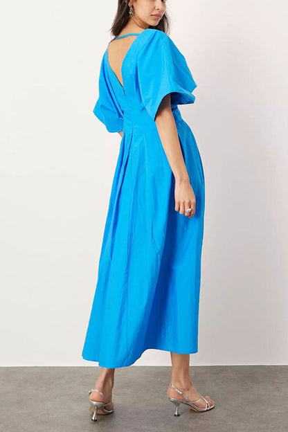 Antibes Linen Blend Princess Line Pleated Wide Puff Sleeve Midi Dress