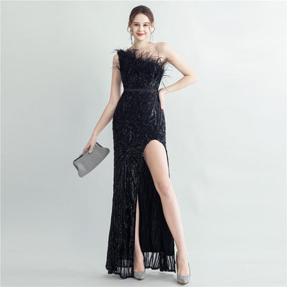 Heavy Industry Ostrich Hair Craft Bundle Hair Oblique Shoulder Side Slit High End Evening Dress