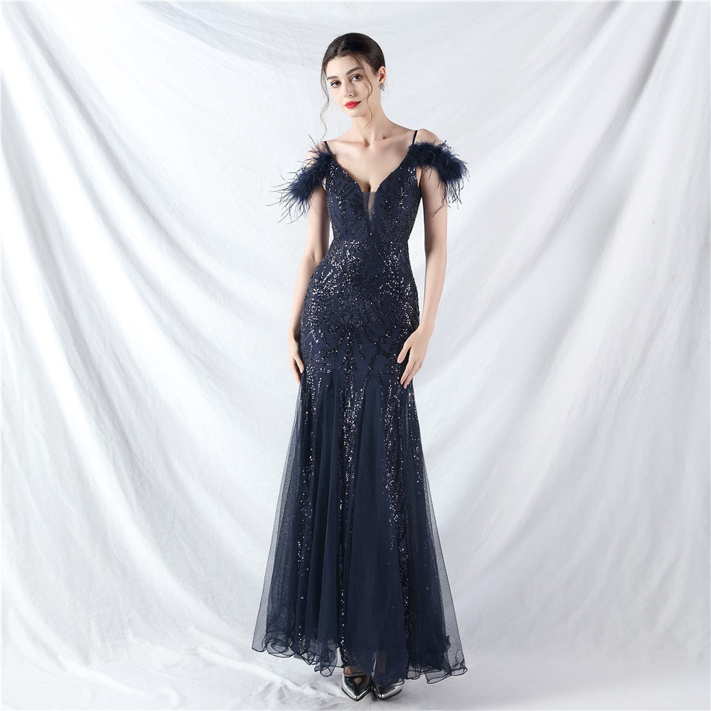 Color Craft Order Ostrich Feather Mesh Sequin Sling Dress Evening Dress