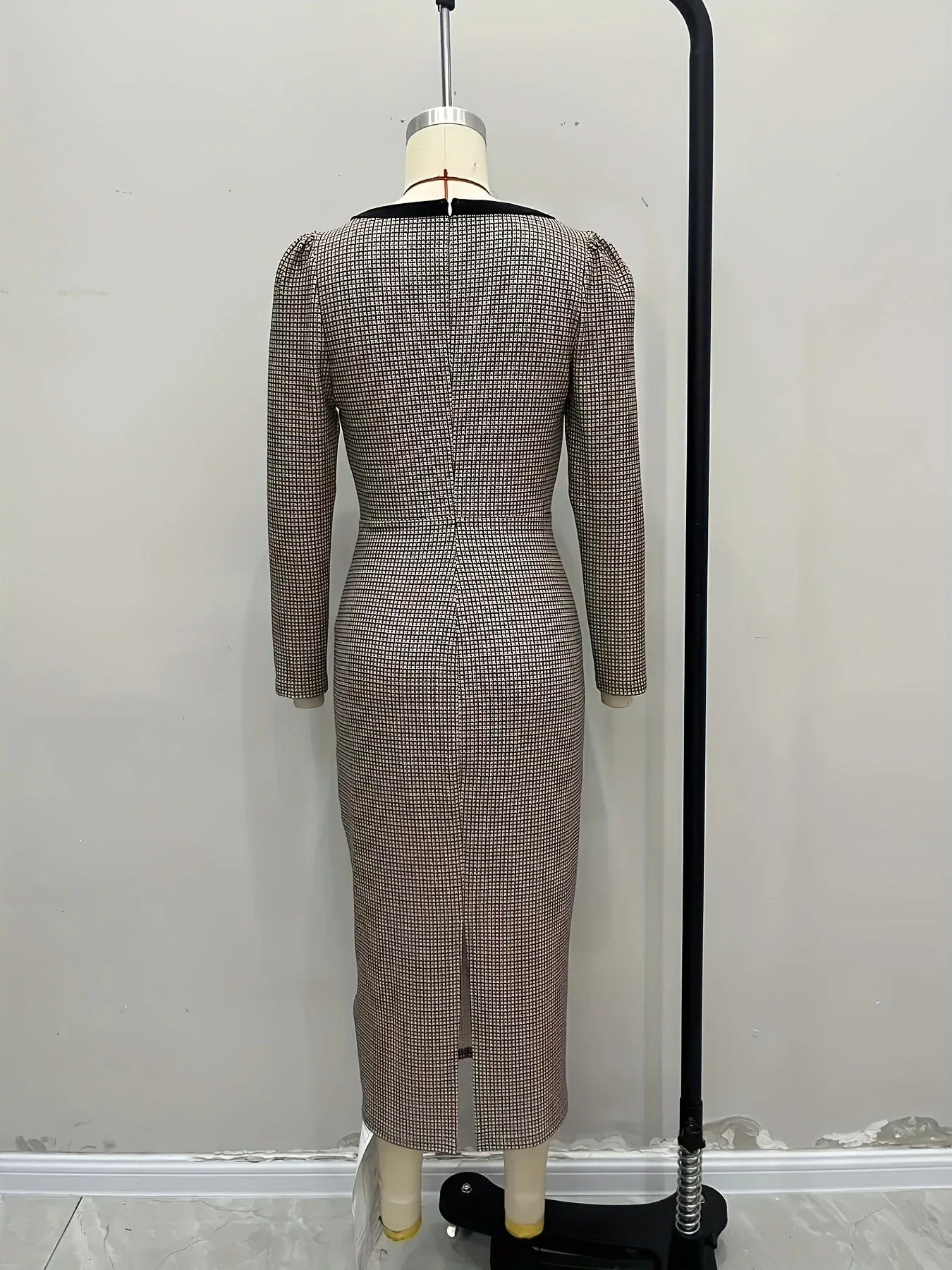 Plaid Midi Long Sleeve Dress with Bows and Square Neckline