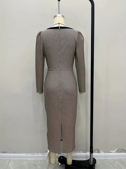 Plaid Midi Long Sleeve Dress with Bows and Square Neckline