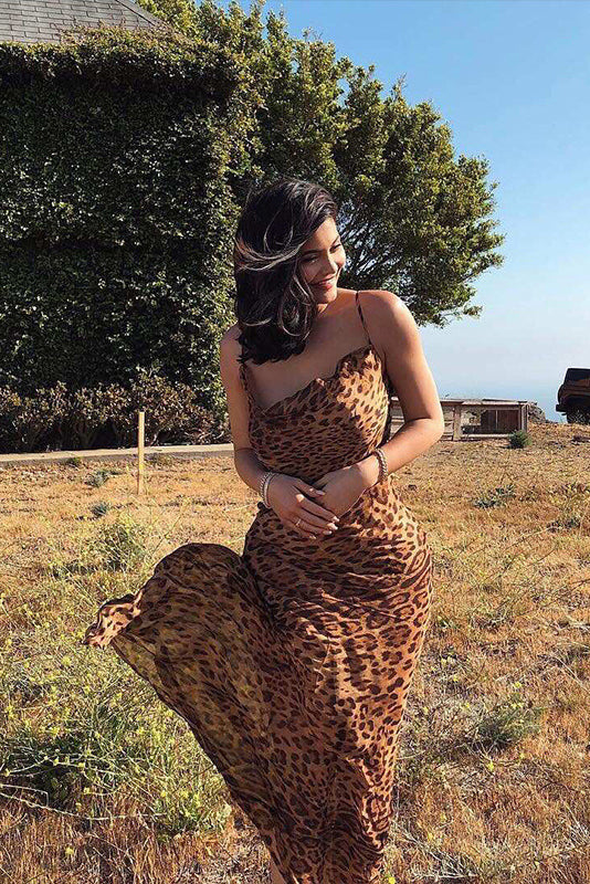 Print Cowl Neck Spaghetti Strap Bias Cut Slip Maxi Dress